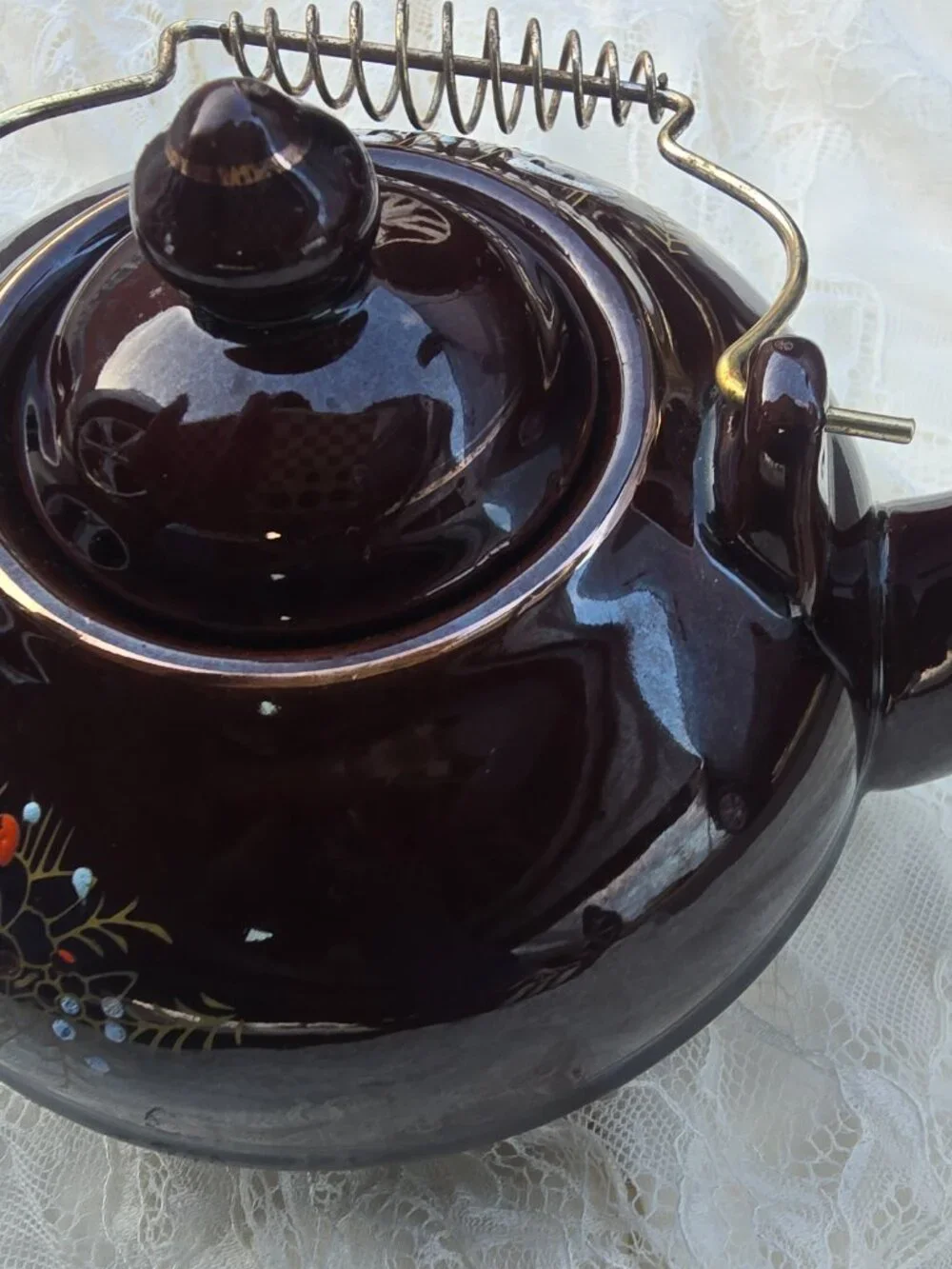 Vintage Hand Painted Japanese Moriage Pattern Footed Teapot with Wire Handle